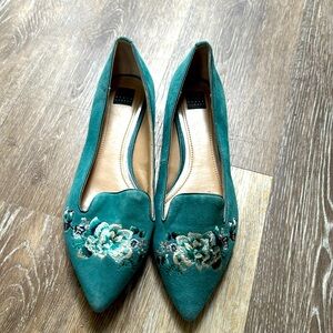Women's - WHBM Ava Teal Embroidered Floral Flats, Size 8